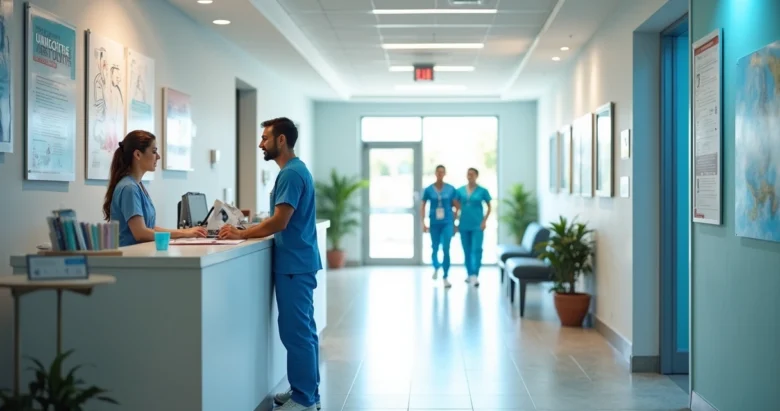 Recepção de clínica médica nos Estados Unidos com profissionais e paciente falando no balcão