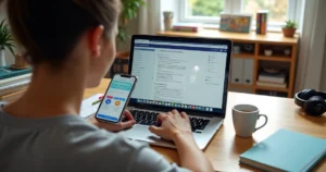 Pessoa estudando inglês em laptop e celular, mostrando curso online tradicional e app interativo lado a lado