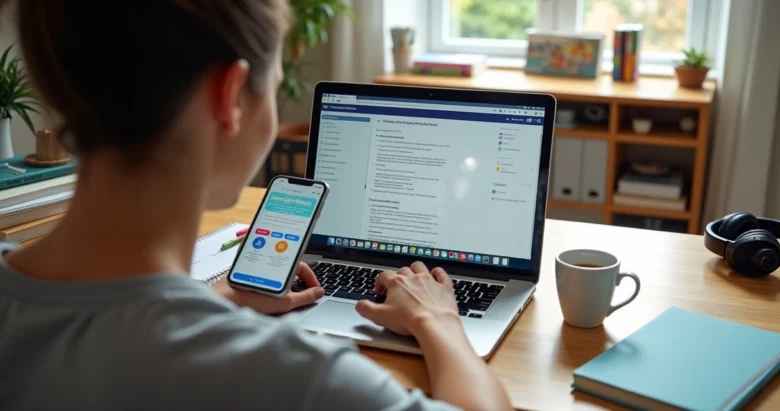 Pessoa estudando inglês em laptop e celular, mostrando curso online tradicional e app interativo lado a lado
