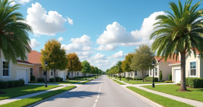 Rua residencial segura em bairro suburbano de Orlando com casas modernas e árvores