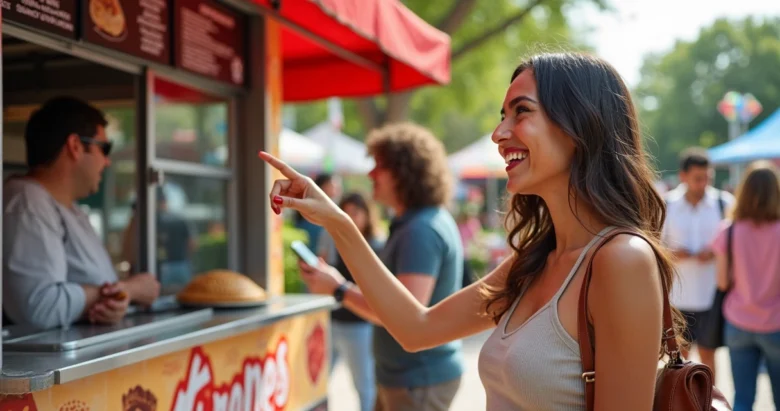 Turista brasileira fazendo pedido de crepe ao vivo em evento gastronômico em Orlando