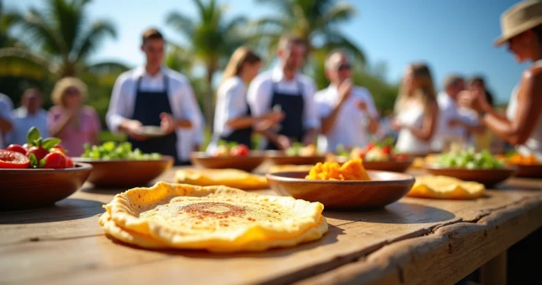 Buffet de crepe em evento ao ar livre na Flórida com chefs preparando crepes franceses ao vivo, ingredientes frescos à mostra e convidados degustando