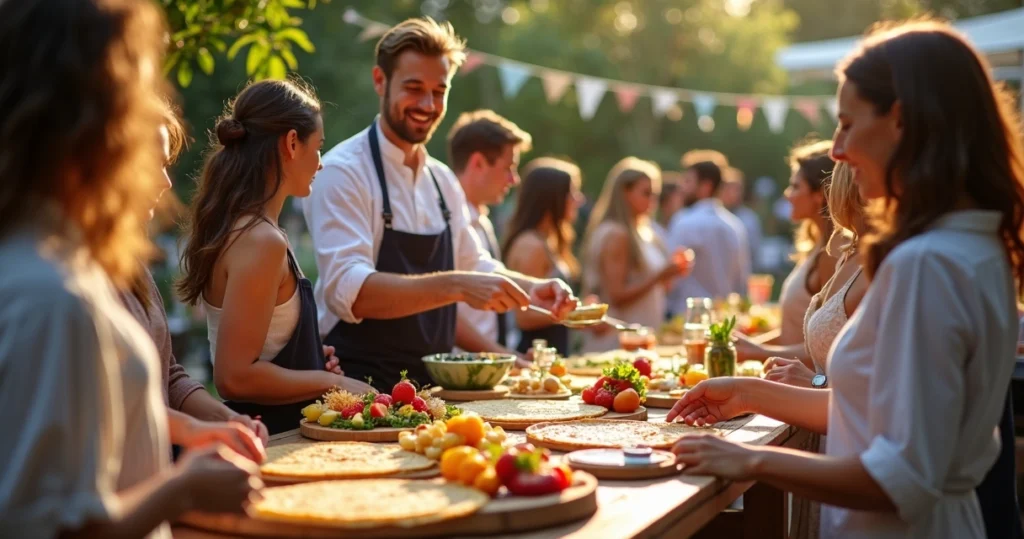 Buffet de crepes franceses e suíços sendo preparados ao vivo em evento ao ar livre com pessoas interagindo