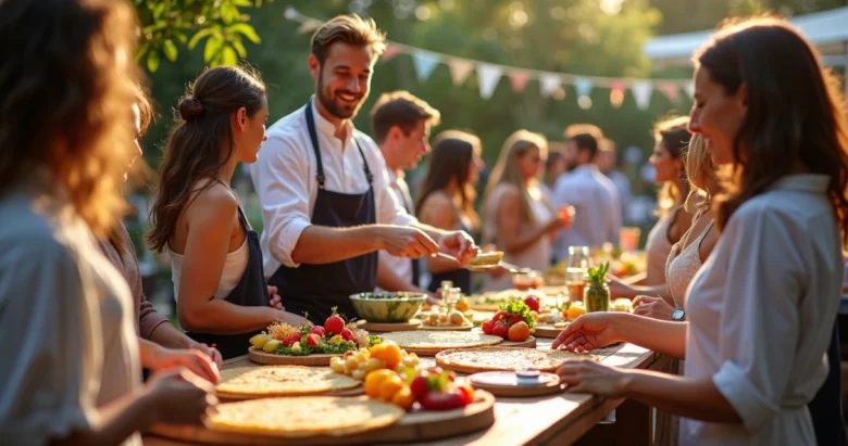 Buffet de crepes franceses e suíços sendo preparados ao vivo em evento ao ar livre com pessoas interagindo