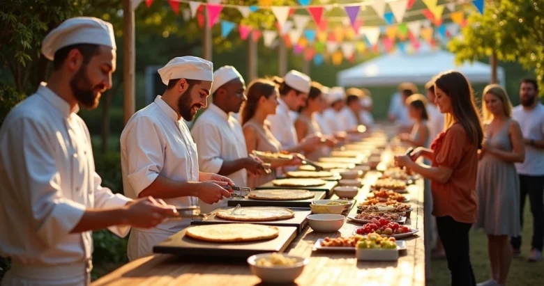 Buffet de crepes ao vivo em evento com pessoas servindo e filas organizadas