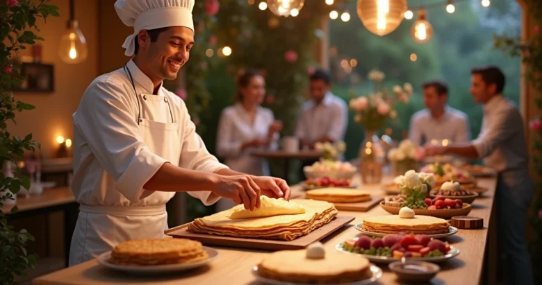 Mesa decorada com buffet de crepes servidos ao vivo em evento pequeno