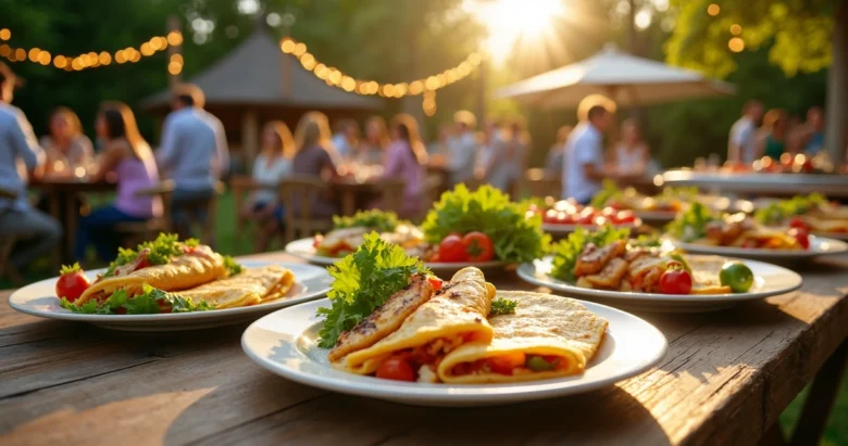 Buffet ao ar livre com variedade de crepes veganos coloridos servidos em prato branco