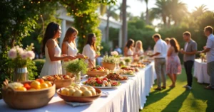 Mesa elegante com buffet em evento ao ar livre na Flórida com convidados se servindo, decoração sofisticada e clima ensolarado