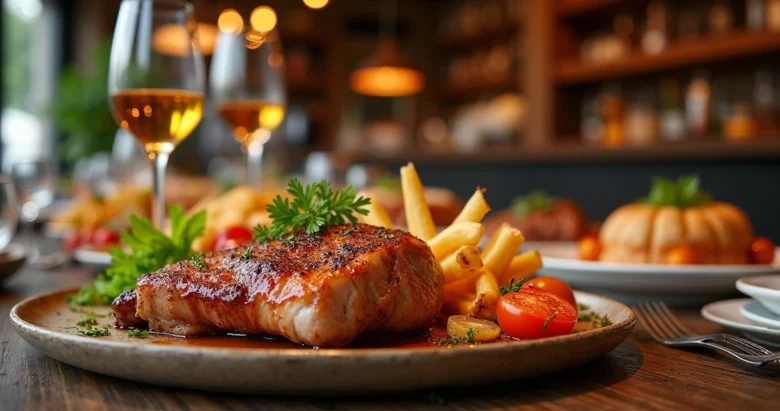 Mesa elegante de buffet com pratos variados e sinalização de avaliação positiva