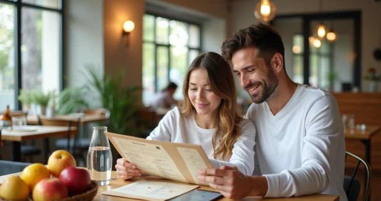 Casal consultando cardápio detalhado para restrições alimentares em restaurante