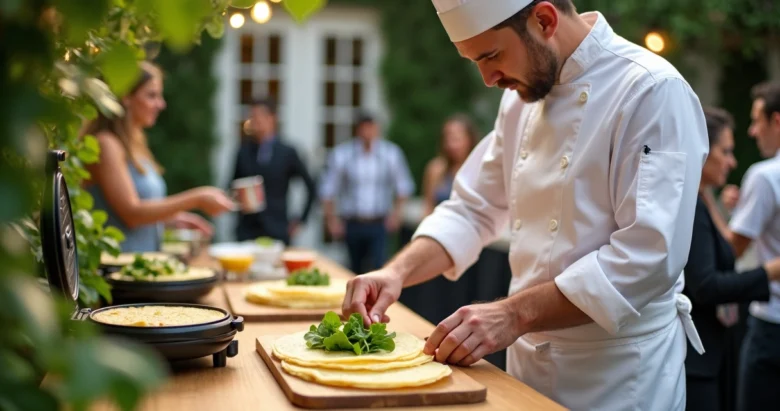 Chef profissional preparando crepes keto em evento ao vivo com equipamentos modernos