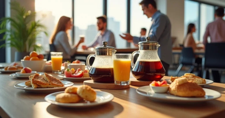 Mesa de coffee break empresarial organizada com café, sucos, crepes e petiscos em ambiente de escritório moderno