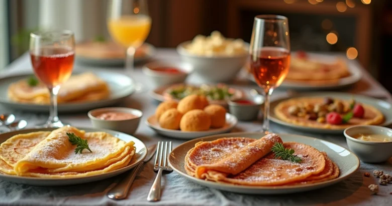 Mesa decorada com crepes variados acompanhados de molhos, bebidas e pratos típicos para festas e eventos
