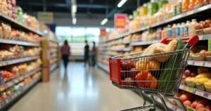 Carrinho de supermercado cheio com alimentos variados em corredor de mercado em Orlando