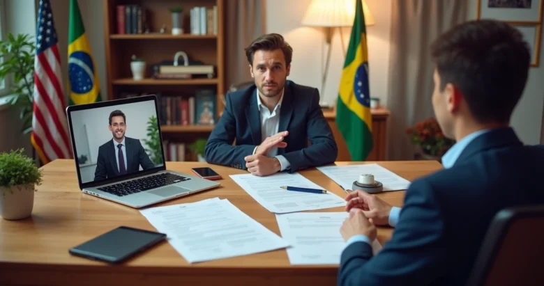 Mesa com laptop aberto mostrando consulta online, ao lado documentos organizados e advogado atendendo cliente pessoalmente