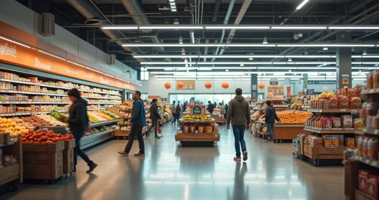 Interior de supermercado americano com corredores amplos e carrinhos de compras cheios