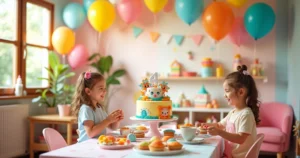 Festa infantil com decoração lúdica, balões coloridos e mesa de doces temática decorada com elementos infantis