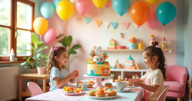 Festa infantil com decoração lúdica, balões coloridos e mesa de doces temática decorada com elementos infantis