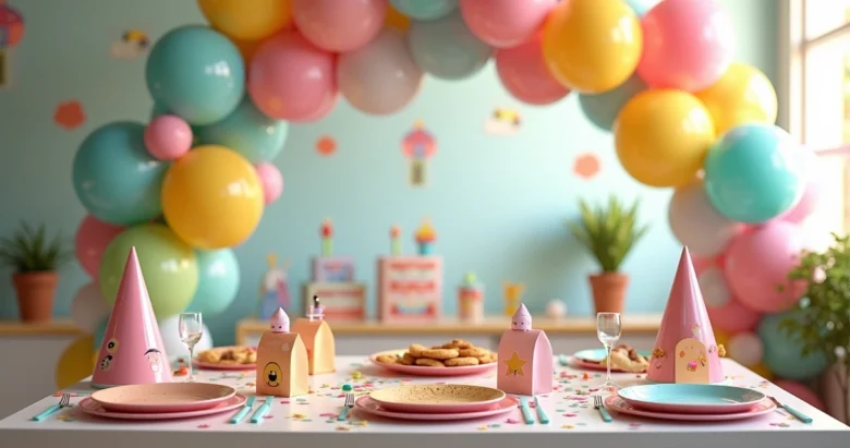 Mesa decorada para festa infantil com balões coloridos, tema divertido e itens de festa em ambiente iluminado