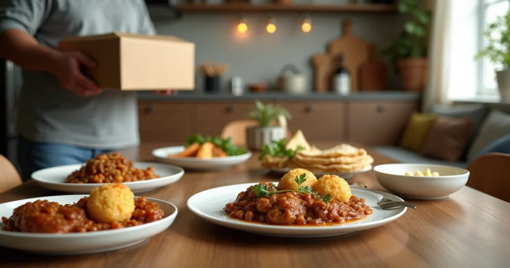 Mesa com crepes, pratos brasileiros variados, e um entregador com caixa de delivery ao lado