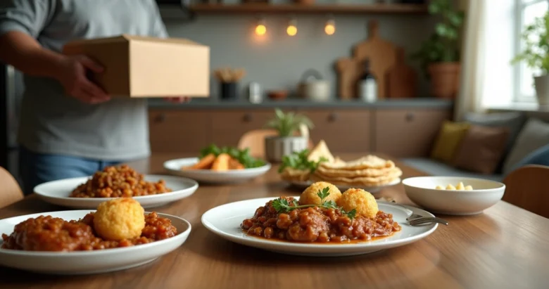 Mesa com crepes, pratos brasileiros variados, e um entregador com caixa de delivery ao lado
