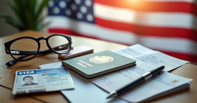 Documentos essenciais para viagem organizados sobre mesa com passaporte, visto, carteira de motorista internacional e seguro de viagem