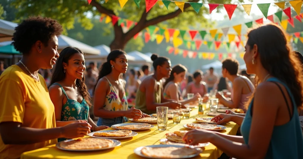 Grupo de brasileiros reunidos em evento ao ar livre na Flórida com decoração colorida e mesas de crepes