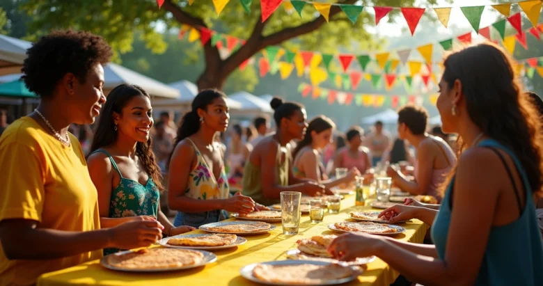 Grupo de brasileiros reunidos em evento ao ar livre na Flórida com decoração colorida e mesas de crepes
