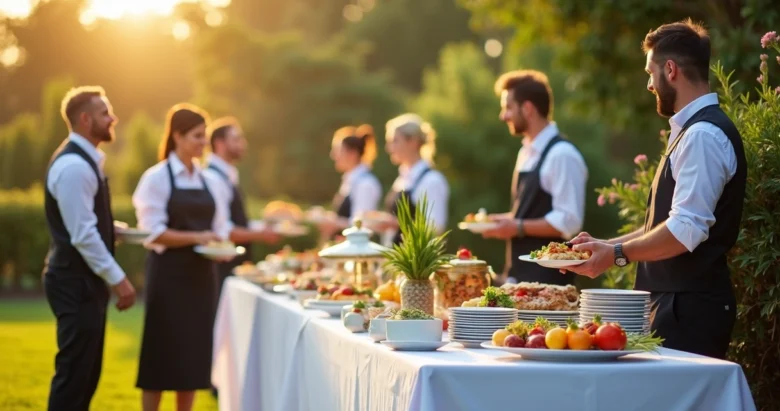 Buffet profissional instalado em evento elegante ao ar livre com membros da equipe atendendo convidados