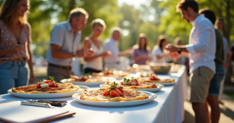 Mesa externa organizada com buffet de crepes ao vivo e pessoas interagindo calmamente em evento simples na Flórida