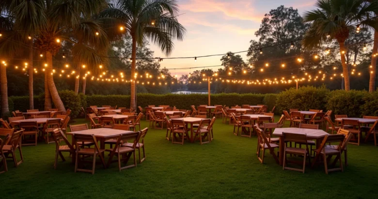 Espaço externo para evento privado com decoração simples em área verde, mesas com cadeiras e iluminação suave ao entardecer em Orlando