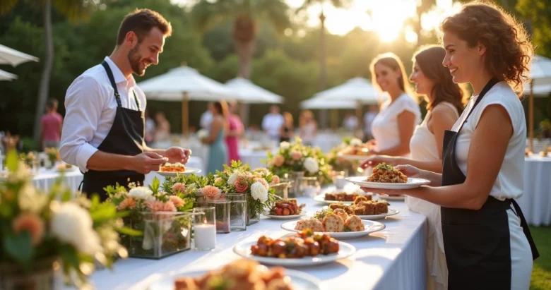 Buffet bem organizado em evento ao ar livre com pessoas interagindo e mesas decoradas