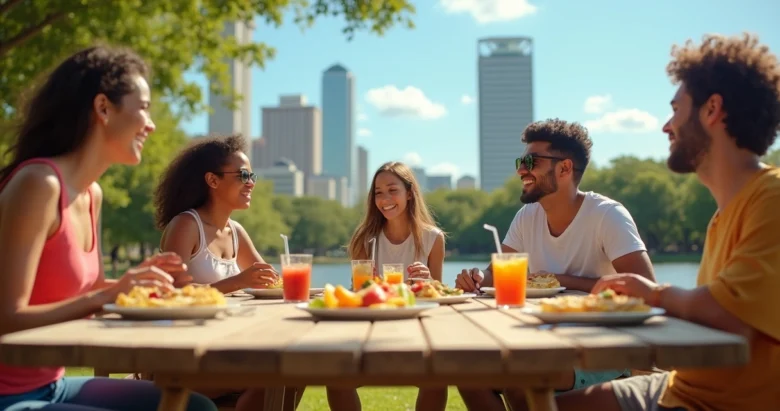 Família brasileira fazendo piquenique em parque ensolarado de Orlando com crepes e frutas