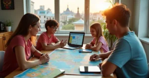 Família brasileira planejando passeios turísticos em Orlando com mapas e dispositivos digitais na mesa