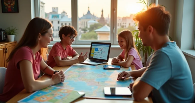 Família brasileira planejando passeios turísticos em Orlando com mapas e dispositivos digitais na mesa