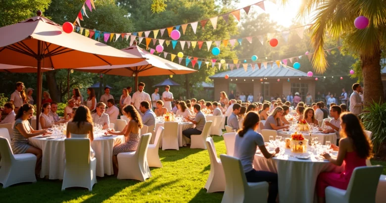 Festa de aniversário ao ar livre com decoração colorida e convidados em um jardim em Orlando