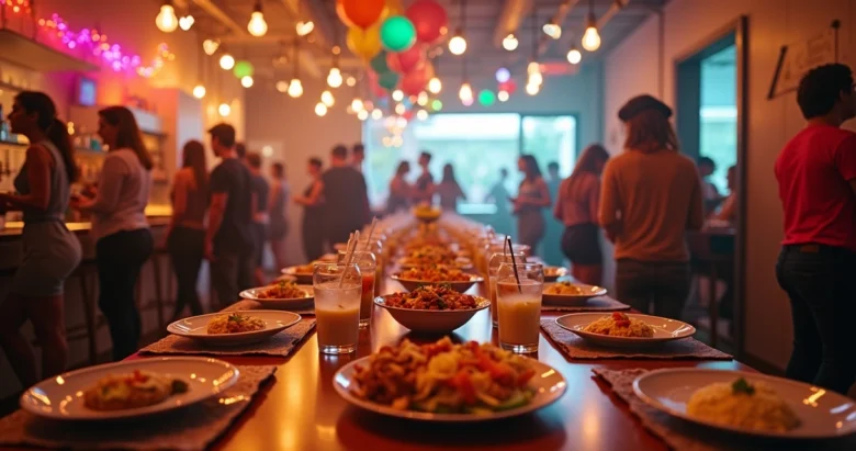Mesa decorada com festa temática para adultos, incluindo luzes coloridas, balões, mesas com pratos variados e convidados se divertindo.