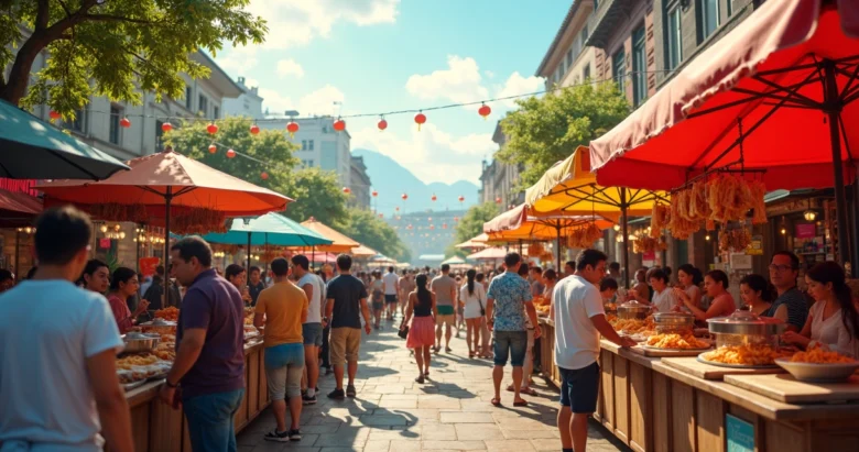 Pessoas em festival gastronômico ao ar livre com barracas coloridas e variedade de pratos típicos visíveis
