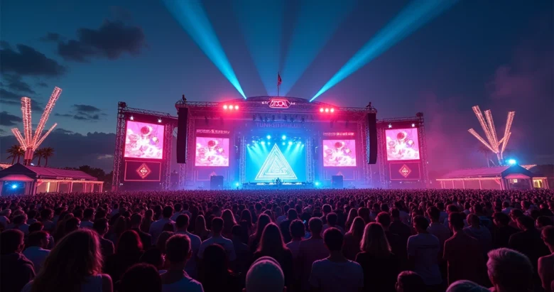Palco iluminado durante festival de música eletrônica em Orlando com multidão animada e efeitos visuais coloridos