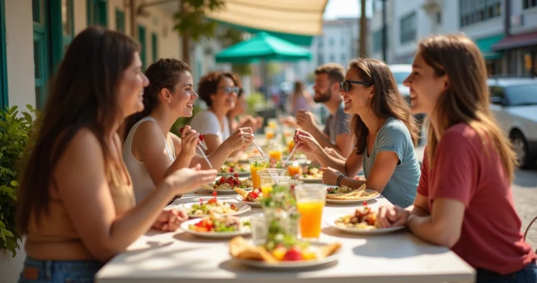 Grupo de amigos saboreando crepes em mesa ao ar livre em Orlando, com variedade de pratos e ambiente descontraído