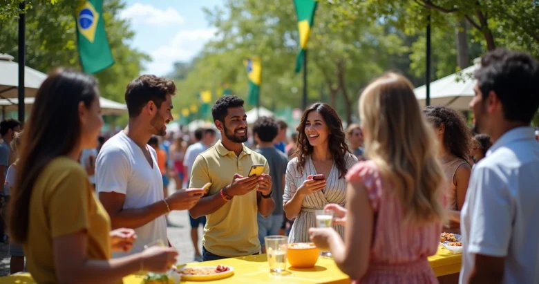 Pessoas reunidas em evento social ao ar livre em Orlando conversando e sorrindo