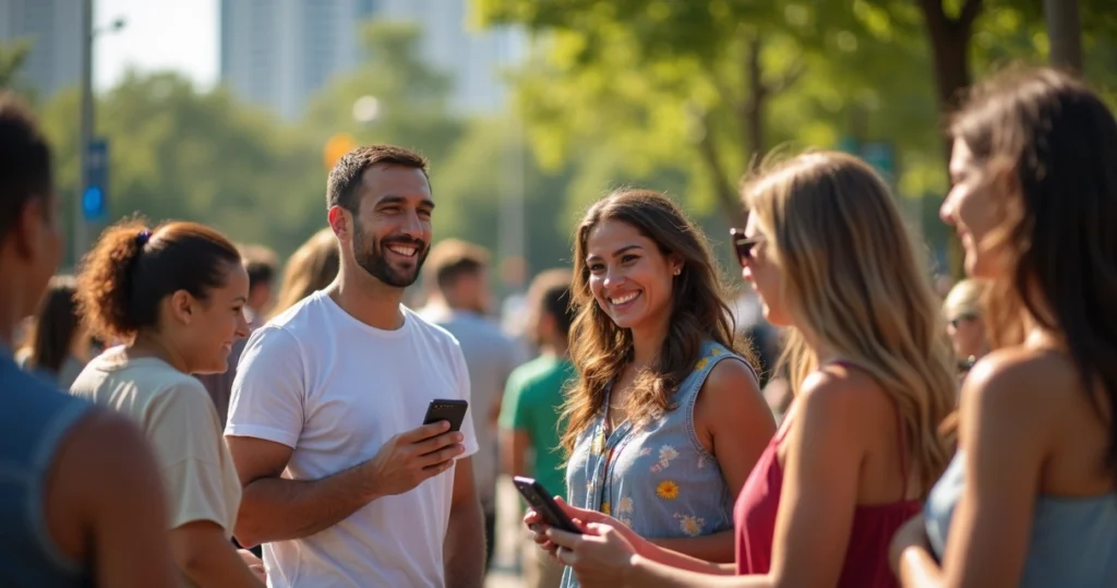 Grupo de brasileiros reunidos em evento social em Orlando, conversando e sorrindo ao ar livre