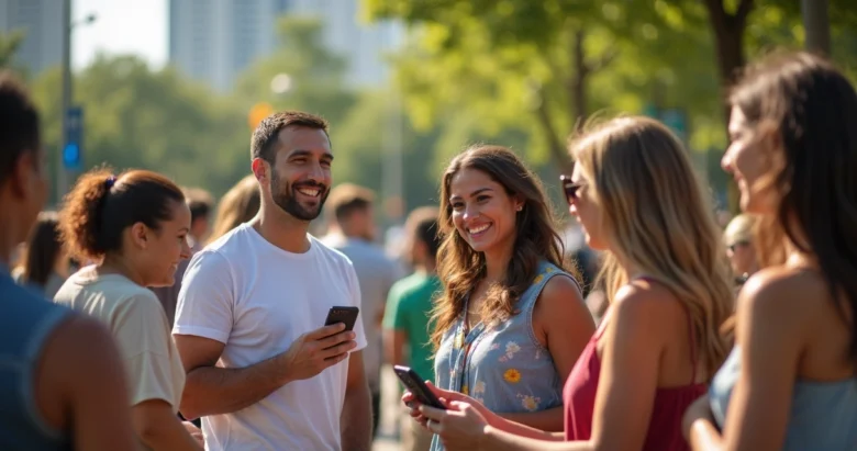 Grupo de brasileiros reunidos em evento social em Orlando, conversando e sorrindo ao ar livre