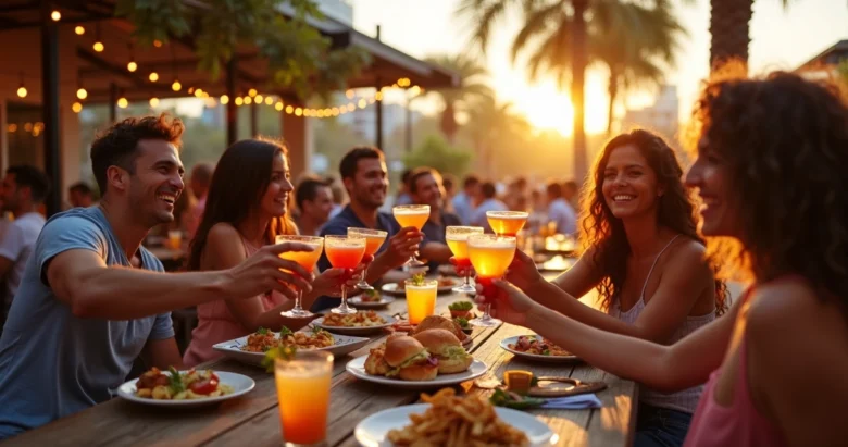 Ambiente de happy hour em bar moderno de Orlando com pessoas brindando, bebidas coloridas e petiscos na mesa