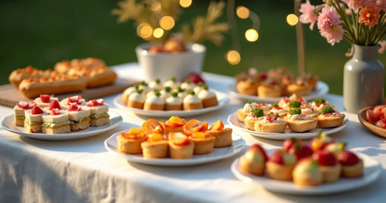 Mesa com seleção variada de finger food para festas com petiscos coloridos dispostos em pequenos pratos branco e ambiente festivo