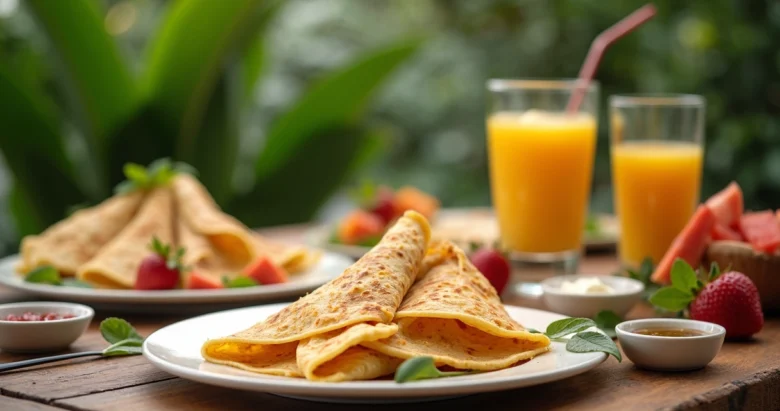Mesa com variedade de crepes coloridos e refeições leves em ambiente ao ar livre em Orlando