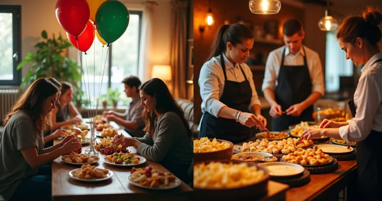 Mesa de evento com decoração simples e pessoas organizando em casa ao lado de equipe profissional preparando catering elegante em buffet