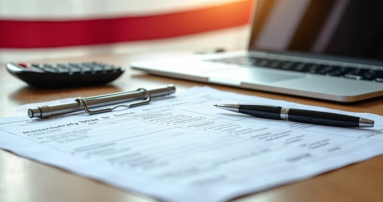 Mesa com documentos organizados para declaração de impostos nos EUA, com calculadora e laptop