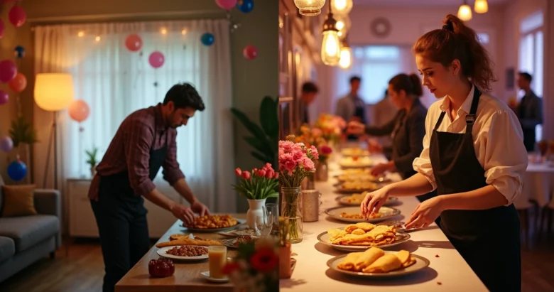 Comparação entre organizar festa sozinho e contratar profissional com mesa decorada e equipe de buffet preparando alimentos