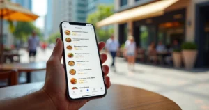 Pessoa usando aplicativo de reserva de restaurante no celular em ambiente urbano